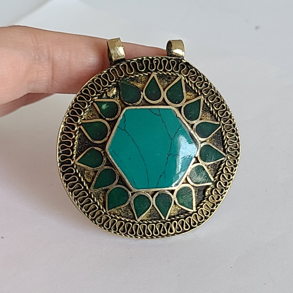 Vintage Boho Tribal Afghan Brass Alpaca Silver Chunky Turquoise Inlay Pendant